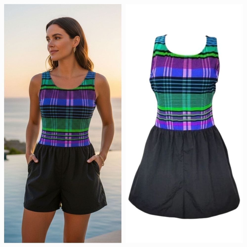 NEW Vintage 80s Talbots Striped Plaid Swimsuit Romper with Attached Shorts 12